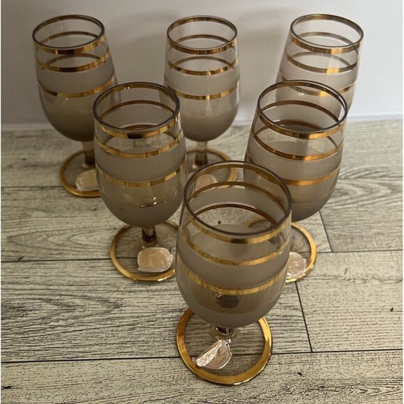 Vintage Bohemia Smoke Gray Frosted Gold Band Cordial Glasses Set of 6 Czech - Picture 2 of 7